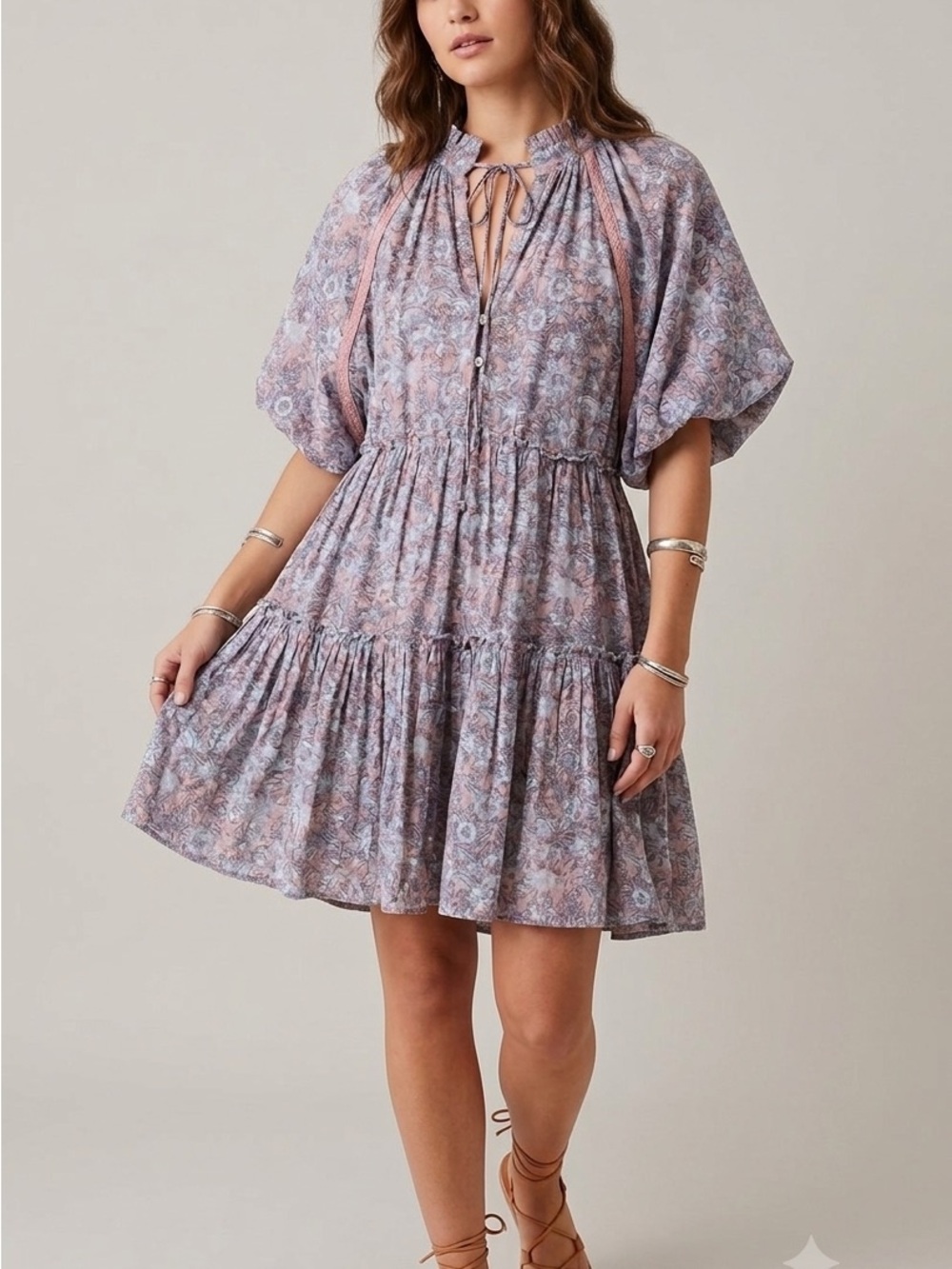 Anthropology Kinga Csilla Floral Tiered Boho Dress Dusty Rose & Light Blue large
